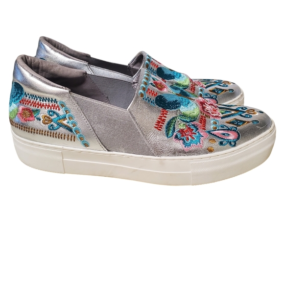 Johnny Was Butterfly Embroidered Silver Metallic Sneaker Boat Loafer 'Vinny' - Picture 3 of 12